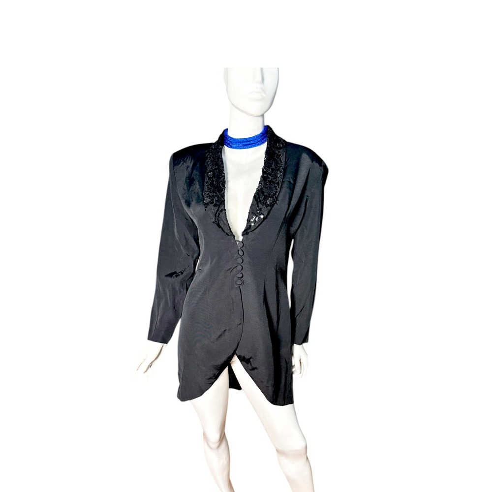 JR Nites by Caliendo Black Sequined Lapel Long Sleeve Tuxedo Jacket Dresss 11 12